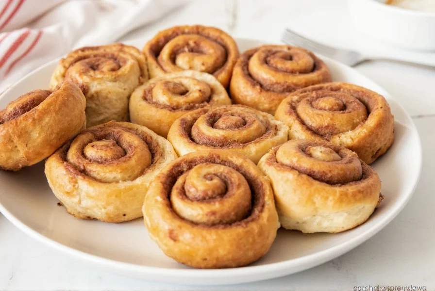 Finished gluten free cinnamon rolls with cream cheese frosting on rustic wooden plate