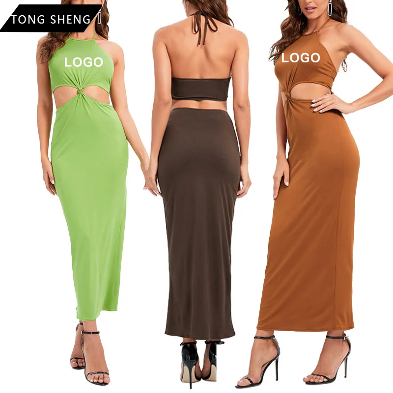

2022 Wholesale Ladies Dresses Casual Sexy Backless Sleeveless Halter Neck Dress Long Hollow Out Dress, Customized color
