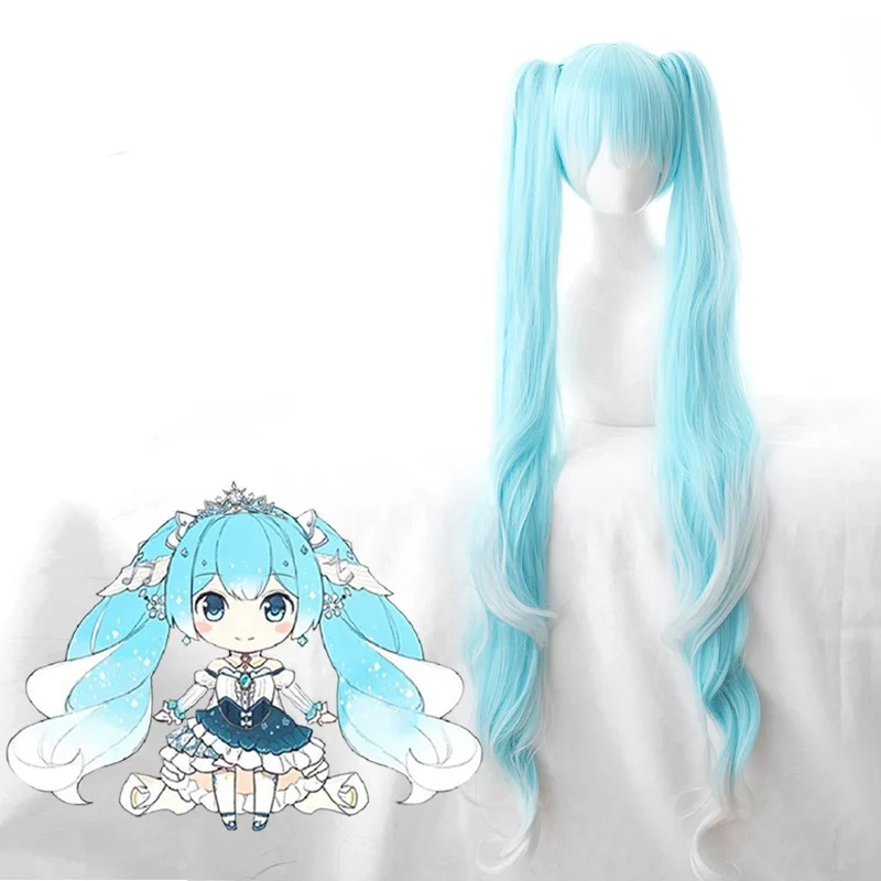 

120cm Long Curly Ice Blue White Mixed 2019 New Snow Miku Wig Vocaloid Anime Cosplay Wigs With 2Ponytails