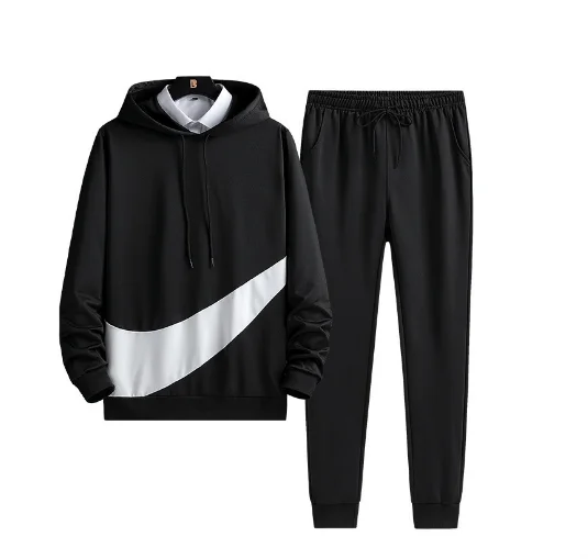 

Men Spring And Autumn Fashion Matching Color Long-Sleeved Hooded Sweater And Trousers Sports Leisure Two-Piece Suit, White,black and white,black and grey,black