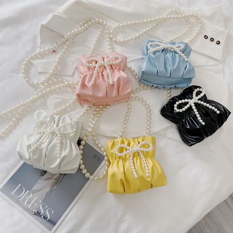 

2021 hot selling brand designer bag pearl shoulder strap crossbody kids bag girls purse women handbag with bow, 5 colors