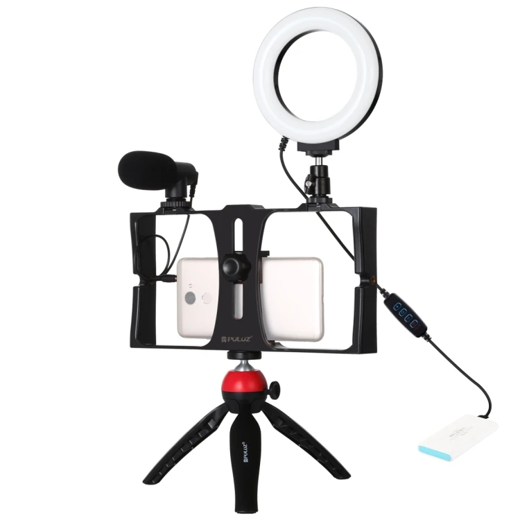 

PULUZ 4 in 1 Vlogging Live Broadcast Smartphone Camera Cage+Ring LED Selfie Light Kits+Tripod Mount+Cold Shoe Tripod Head