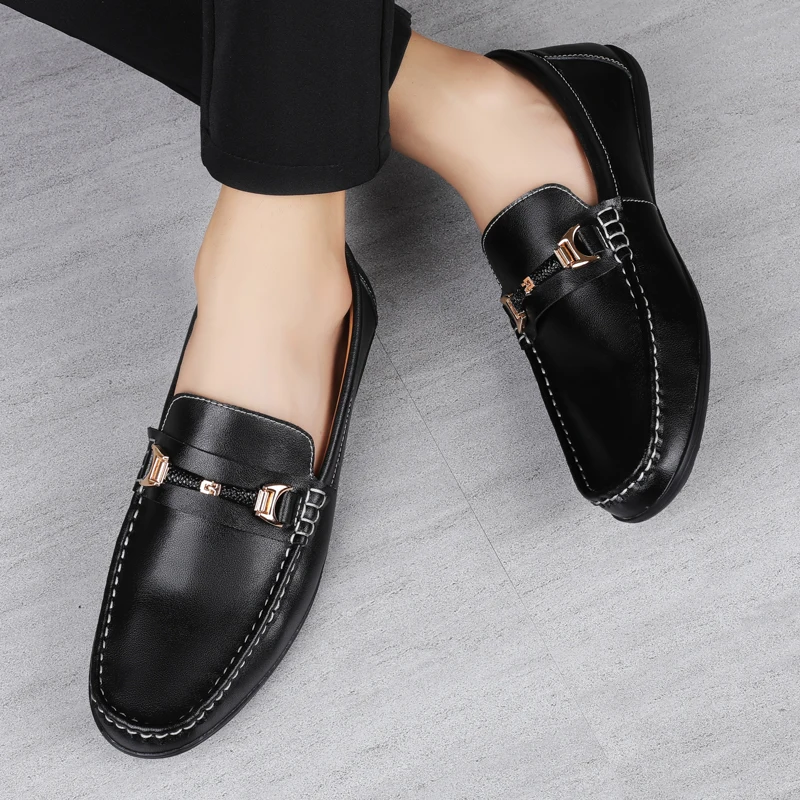 

Factory Wholesale Men's Leather Loafers Custom Accessories Zapatillas Flat Casual Dress Shoes, Black