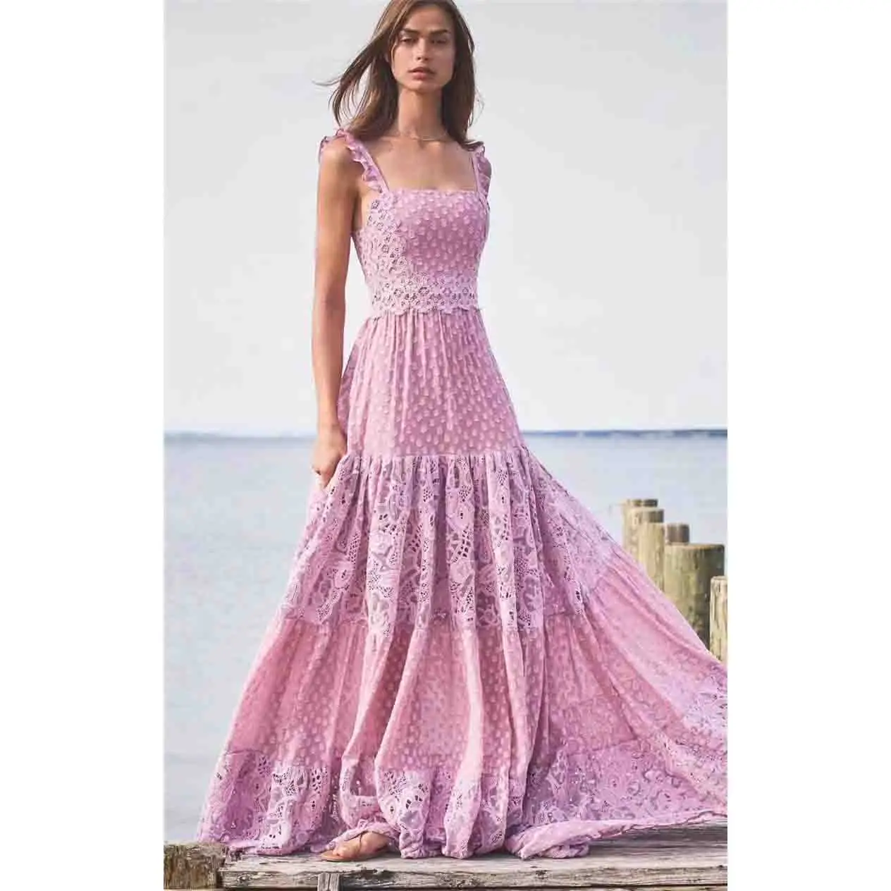 

A3800 women 2020 summer new holiday dress lace maxi purple dress
