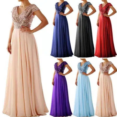 

Solid Color Bridesmaids V Neck Sequin Chiffon Womens Stitch Long Short Sleeve Plus Size Evening Dress