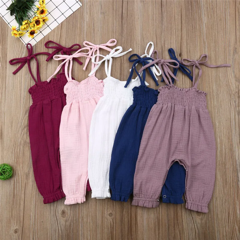

Solid color tie strap muslin summer ruffle Bundled Jumpsuit romper girl baby clothes Baby Rompers jumpsuits, 5colors for choose