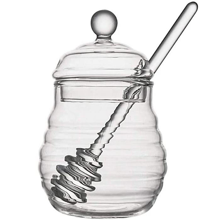 

Honey Jar with Dipper and Lid Glass Handmade Honey Pot Glass Made Heat-Resistant Beehive Honey Pot for Home Kitchen