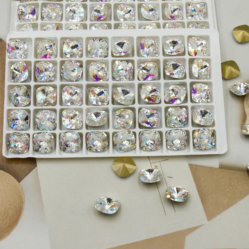 

China Manufacturer Shiny 10mm 12mm Cushion Laser Shine K9 Glass Point Back Nail Art Rhinestones for Nail Decorations