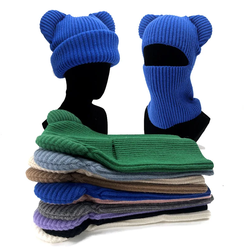 

Multifunctional Winter Thick Warm Windproof Full Face Knit Bear Hat Custom One 1 Hole Balaclava Ears Ski Mask