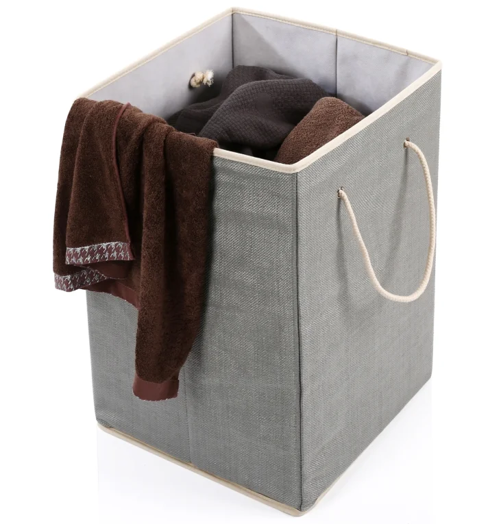 

Hot sale pp cloth cotton large collapsible laundry basket with rope handles for toys pillows and towels, Apricot, or grey, or customized