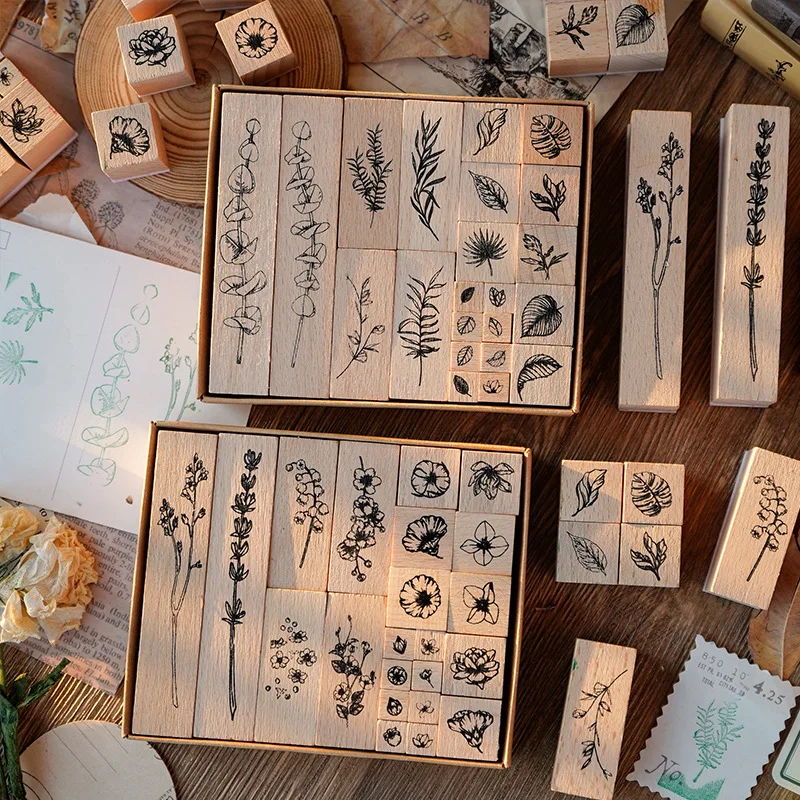

22pieces per box Branch Luxuriant Series DIY Hand Account Seal Theaceae Rubber Seal Set Wood Wooden Small Seal stamps Wholesale