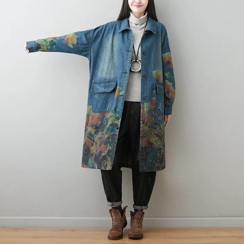 Wholesale 2026 Autumn New Large Size Washed Old Denim Print Mid Length Slim Cardigan Women's Coat