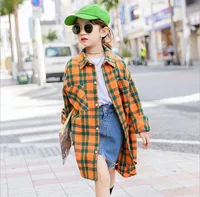 

2020 New Spring Fashion Kid Girl Blue Yellow /Green Plaid Blouse with Pocket Autumn Teenager Girl Outdoor Wear Dress Shirt