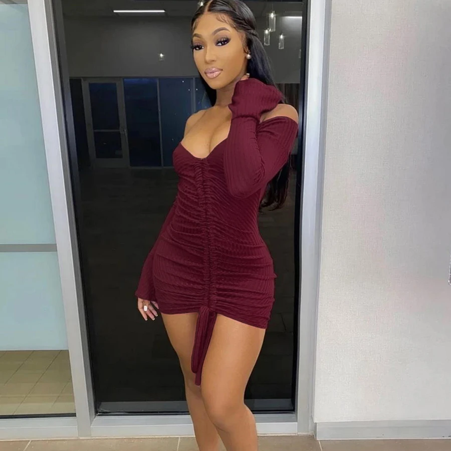 

Nibber K20D10257 Women'S Flare Long Sleeve Dress Sexy Low-Cut V-Neck Fashion Slim Dress For Women