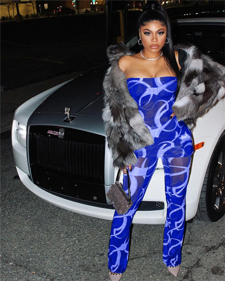 

Q7017-sexy printed see through mesh strapless top with pants set two piece outfits, Picture