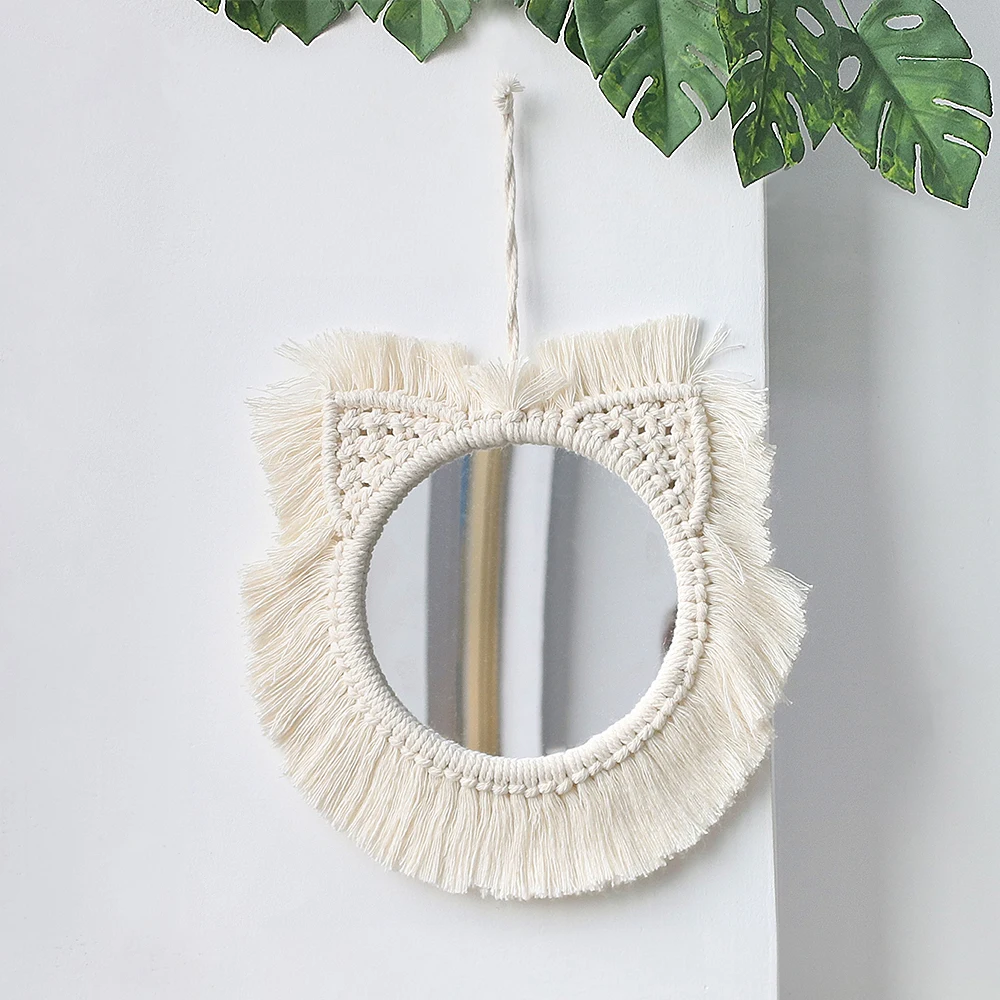 

Boho Rattan Round Handmade Large Macrame Fringe Tapestry Cotton Makeup Corridor Wall Mirror Bathroom Decoration, Beige