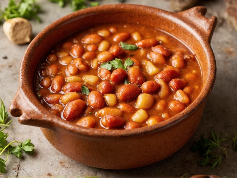 Homemade baked beans in rustic ceramic bowl with herbs