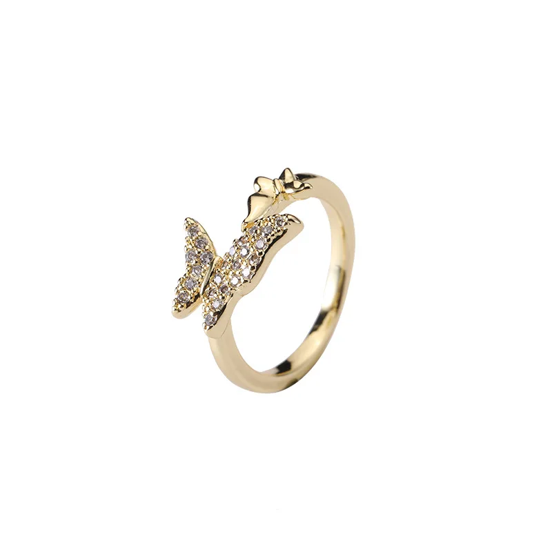 

Staineless Steel 18k Gold Plated Double Zirconia Butterfly Adjustable Index Finger Ring Opening Butterfly Finger Ring