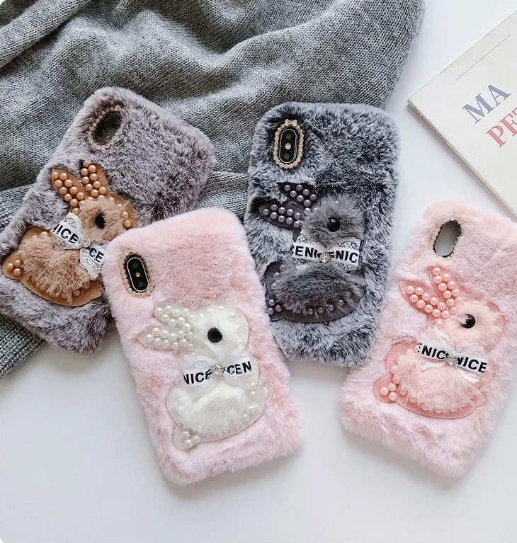 

Fashion luxury fluffy rabbit furry bear fur diamond pearl cell phone case for iPhone 11 pro max, Multiple fur plush pearl tpu winter phone case for iphone 11