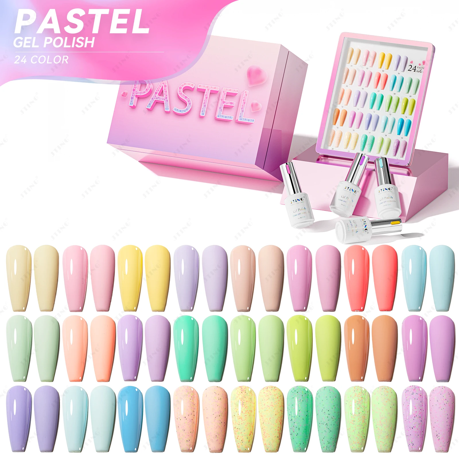 JTING Elegant Design 24 Colors Pastel Gel Polish Collection Box Highly Pigment One Layer Cover Gel Polish Colors Set OEM ODM