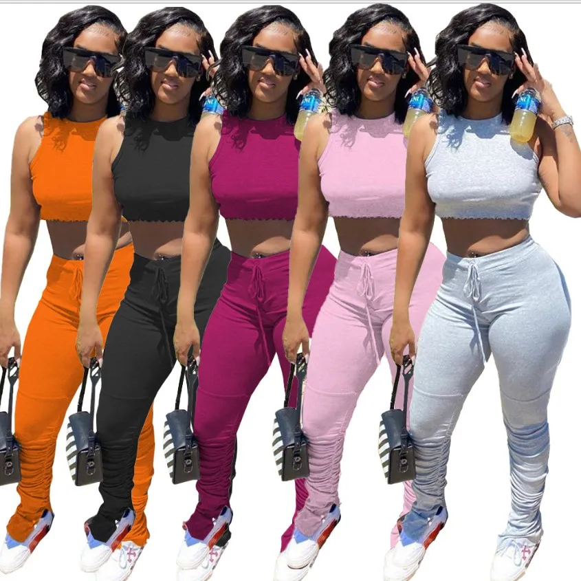 

2021 Fashion Women Blank Solid Colors Elastic Waist Regular Crop Top Stacked Pants Two Piece Tracksuit Outfit Pencil Pants