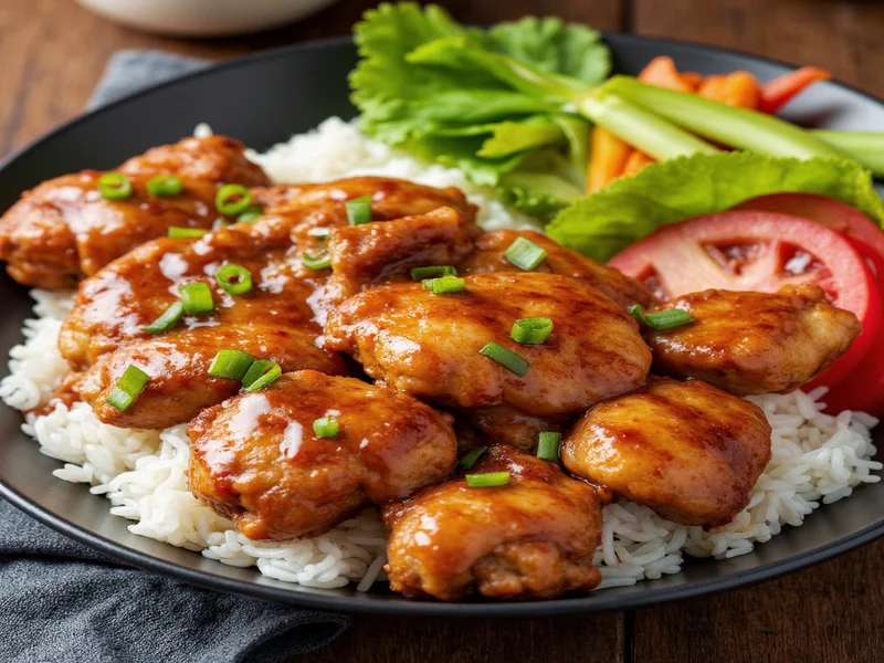 Teriyaki chicken served with rice and vegetables