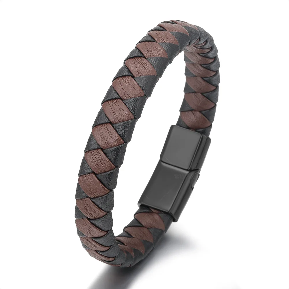 

Retro woven leather bracelet for European and American men's mixed color alloy magnetic clasp bracelet with matte clasp customiz