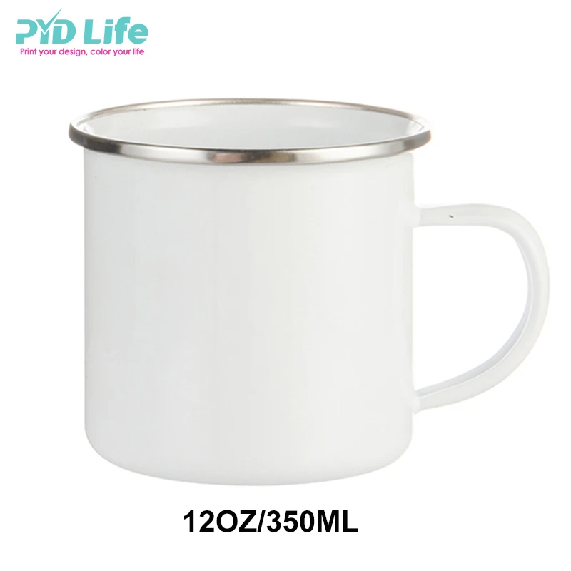 

PYD Life RTS Hot Sale USA Free Sea Shipping DDP 12 oz Camping Coffee Christmas Sublimation Enamel Mug with Stainless Steel Rim, White
