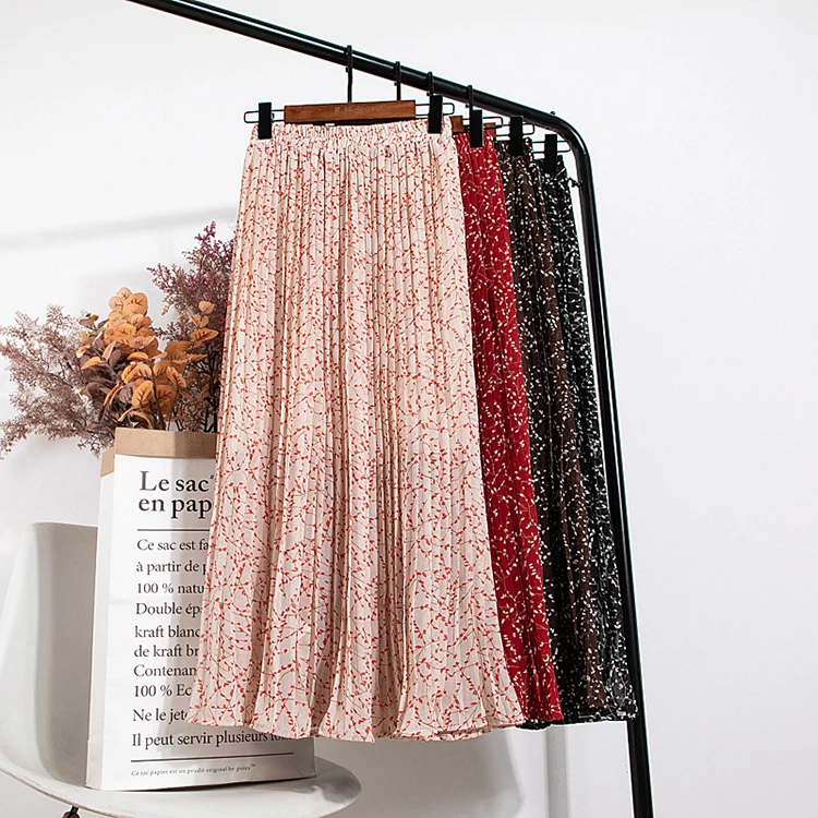 

Korean style ladies high waist ditsy floral print pleated skirt, White/red/black/coffee