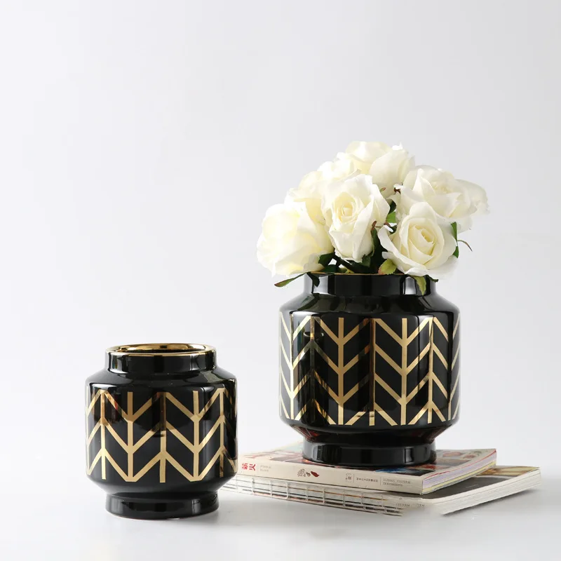 

Modern luxury floreros plating black golden ornament ceramic flower pot home decoration bottle, Black+gold