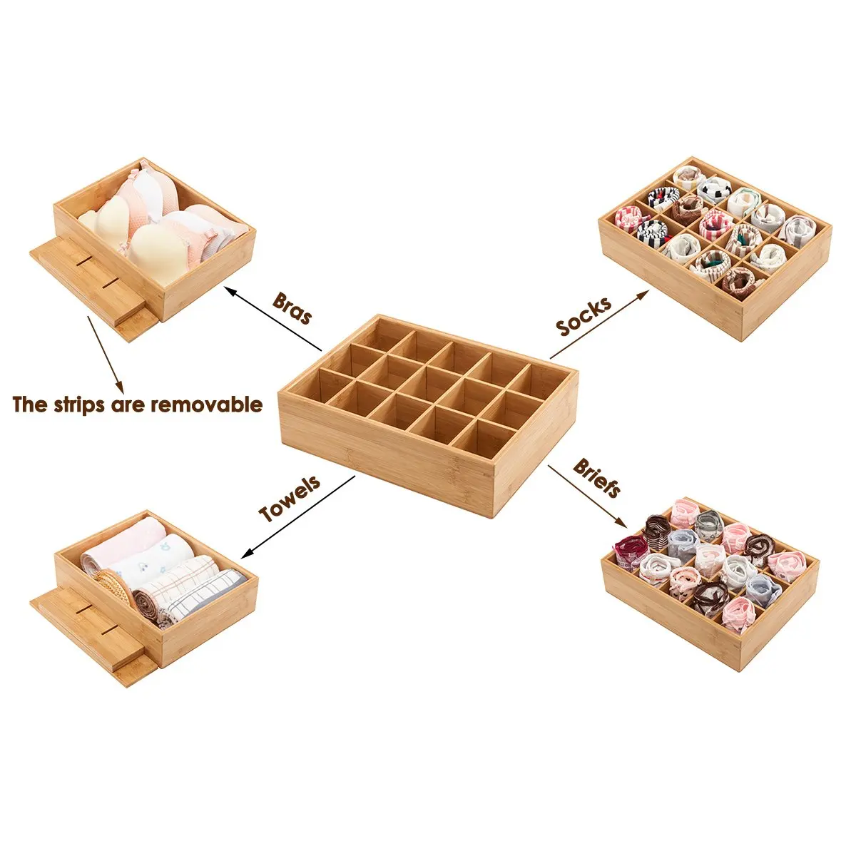 15 Compartments Drawer Divider Natural Bamboo Underwear Organizer For