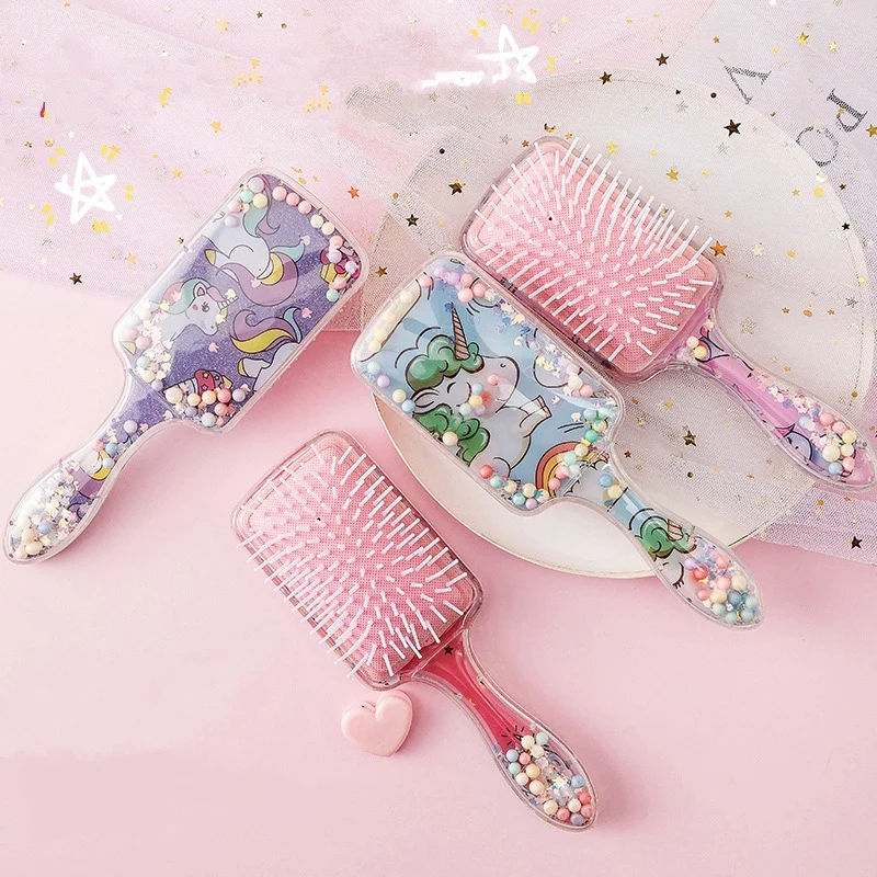 

Customized logo cute cartoon unicorn hair comb air cushion massage glitter comb hairbrush For Kids Detangler