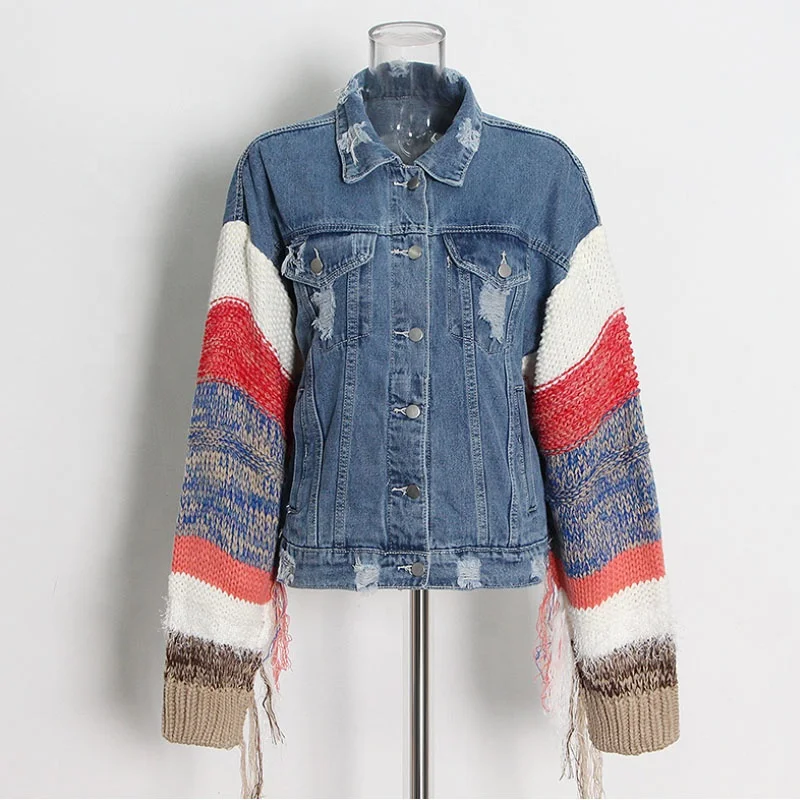 

Women's Oversized Denim Jacket with Patchwork Design