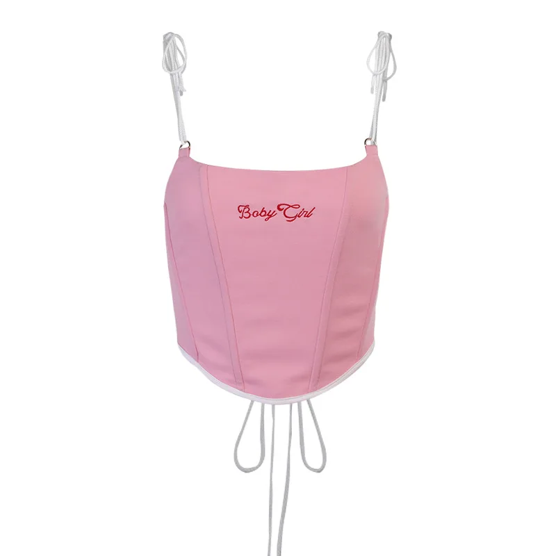 

Letter Embroidery Slim Corset Drawstring Back Fashion Top