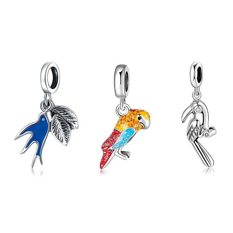 

Real 925 sterling silver Creative parrot Sparkling Colorful CZ Pendant Charms Fit Charm DIY Bracelet Jewelry Wholesale lots bulk