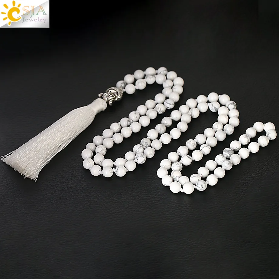 

CSJA 2020 new handmade long knotted tassel necklace natural gemstone 108 white howlite mala beads prayer necklace F307