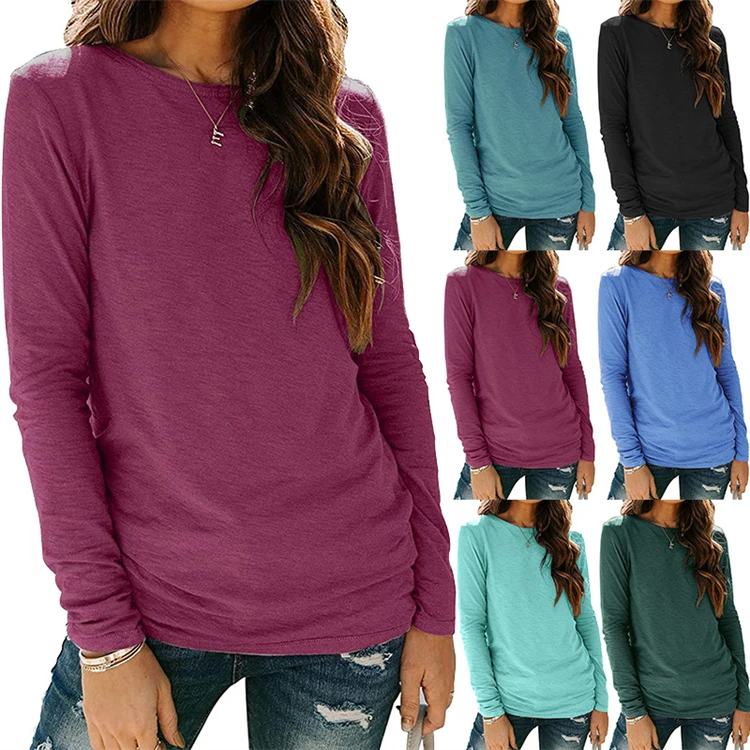 

Free Sample 2021 Amazon New Popular Long Sleeve Solid Color Casual Round Neck T-Shirt Women'S Top, Optional