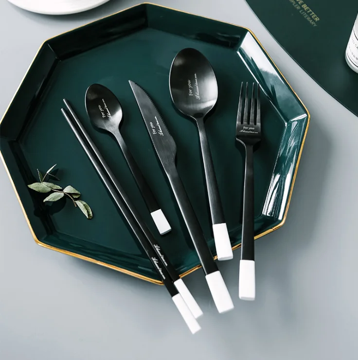 

Wholesale restaurant cutlery, black cutlery sets, 18/10 stainless steel flatware for wedding, Gold with white handle