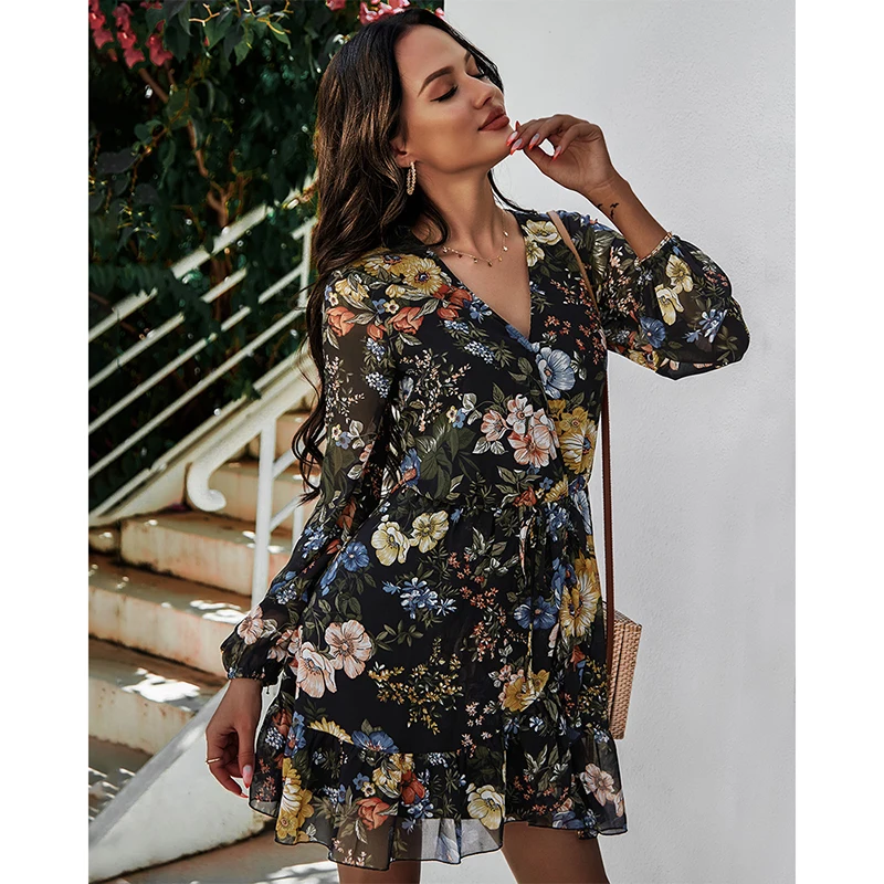 

Hot Sale 2021 Spring Summer Casual Floral Casual Long Sleeve Womens Ladies Dress, Picture color