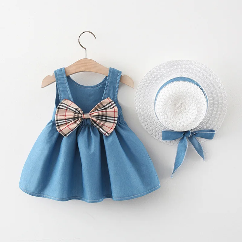 

New summer 2021 grid bow cowboy straw hat girl denim slip dress