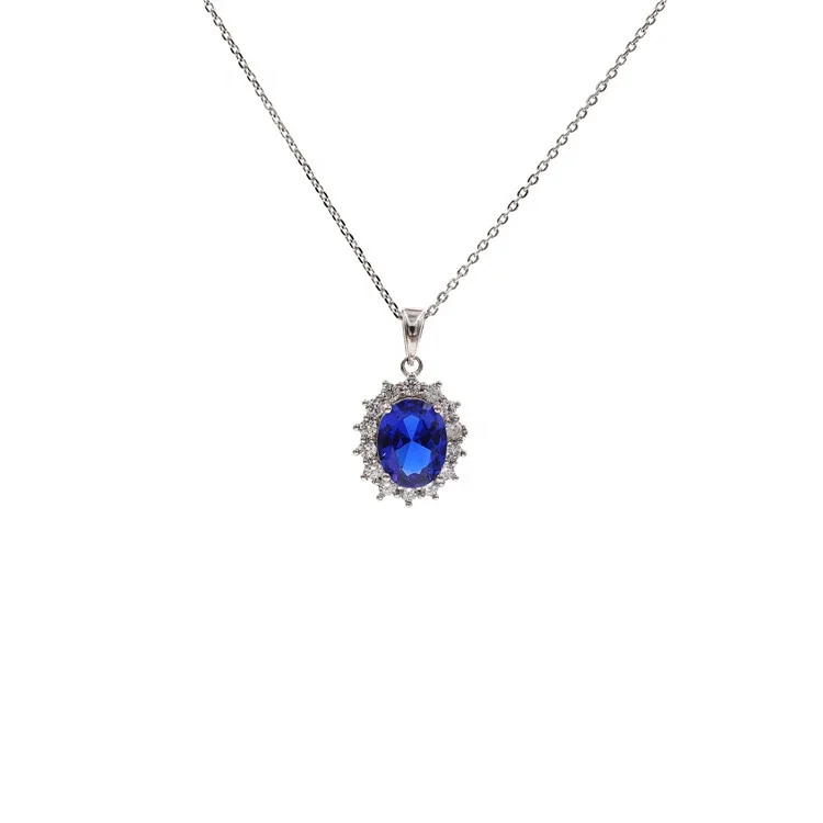 

Stylish Rhodium Plated Oval Necklace Blue Jewelry Pendant Zircon 925 Sterling Silver