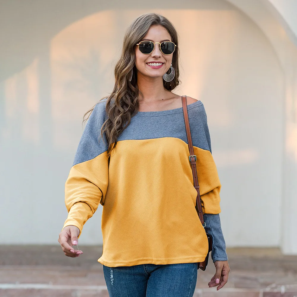 

2020 autumn oversized off shoulder women's top loose casual women long sleeved t-shirts 100% cotton sweater t-shirts for ladies, Stylish feminine v-neck frames and flatters your face