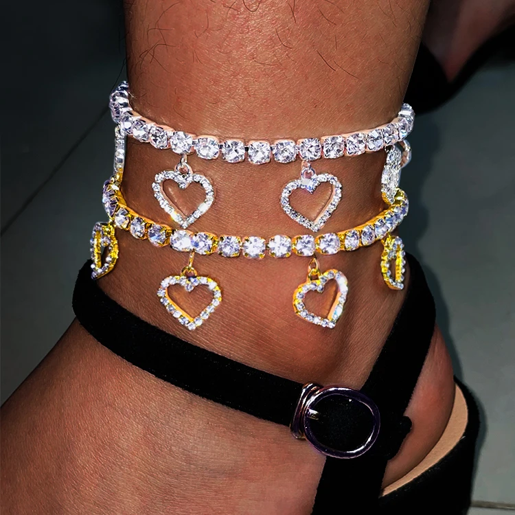 

Beach rhinestone iced out tennis love heart chain anklet