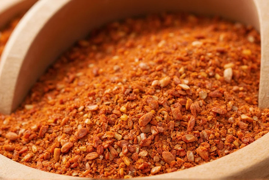 Close-up of red pepper flakes mixed with chicken feed in a wooden feeder