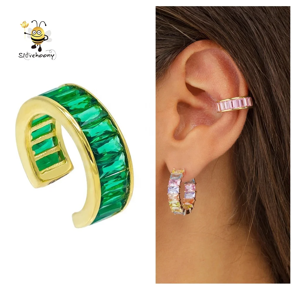 

Slovehoony 925 Sterling SIlver No Piercing Ear Cuffs Emerald Green Color CZ Baguette Ear Cuff Earrings For Woman, Silver/18k gold