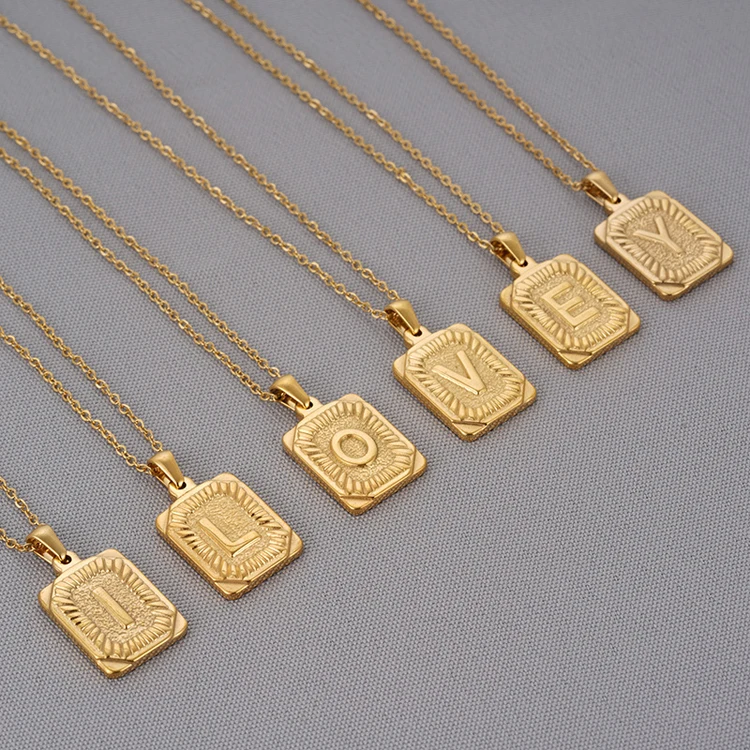 

Wholesale 316L PVD 18k gold plated hip hop square 26 alphabet initial pendant necklace letters stainless steel men woman jewelry, Optional as picture,or customized
