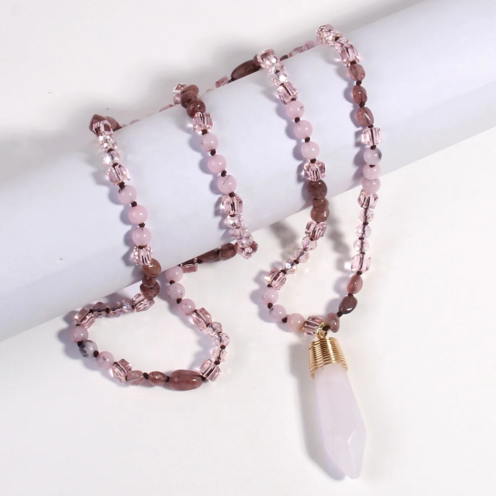 

Women Bohemia Knot Necklace Gift Fashion Boho Jewelry 6mm Natural Stone Crystal Glass Beads Pink quartz Bullet Pendant Necklace