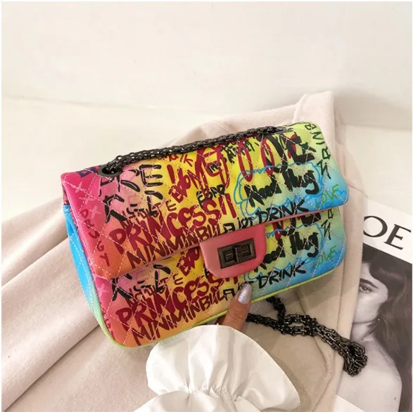 

Women's One-shoulder Messenger Bag Fashionable Hand Bag 2021 Trend Wholesale Personality Chain Graffiti Pu PU Leather+polyester, 3 colors