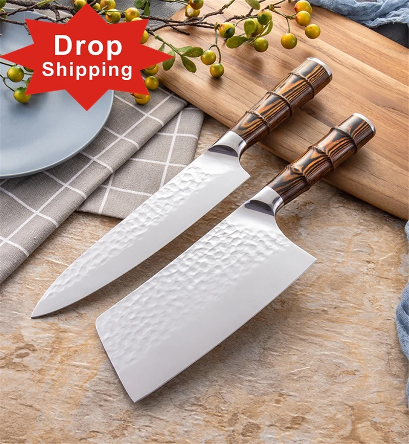 

Dropshipping 2 pcs Handmade High-carbon Steel pakka wood handle Kitchen Knives China Chef Cleaver Butcher knife, Silver