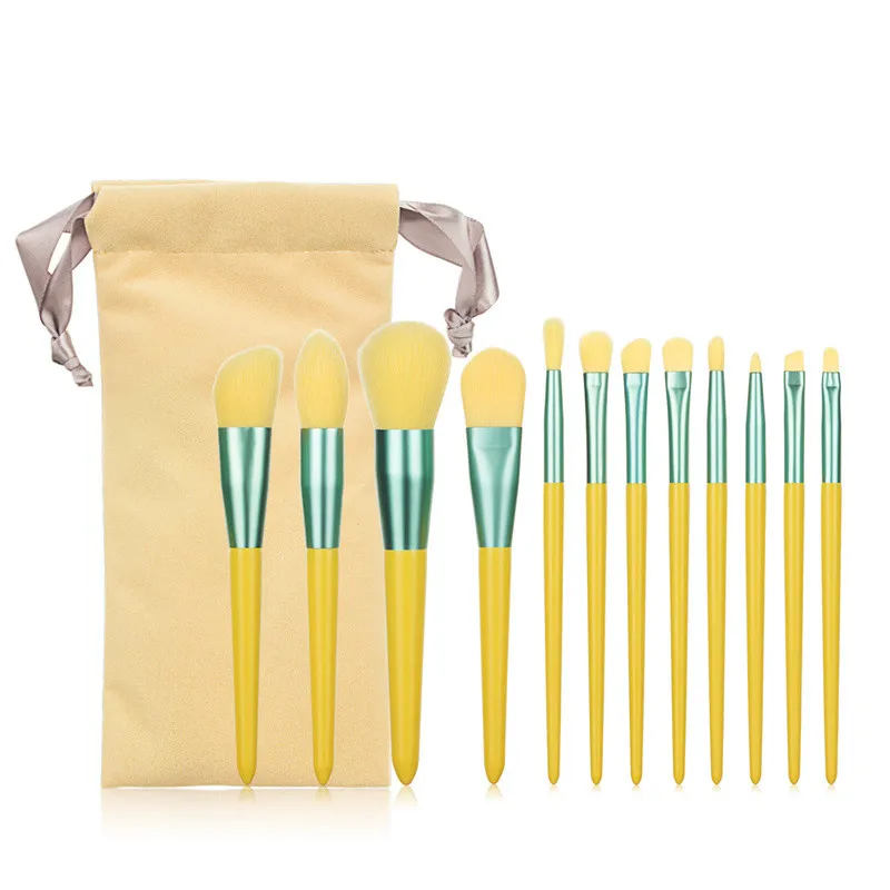 

12pcs makeup brush set with new yellow green cosmetic brush tool ZNYBEAUTY synthetic hair light yellow bag, Colorful
